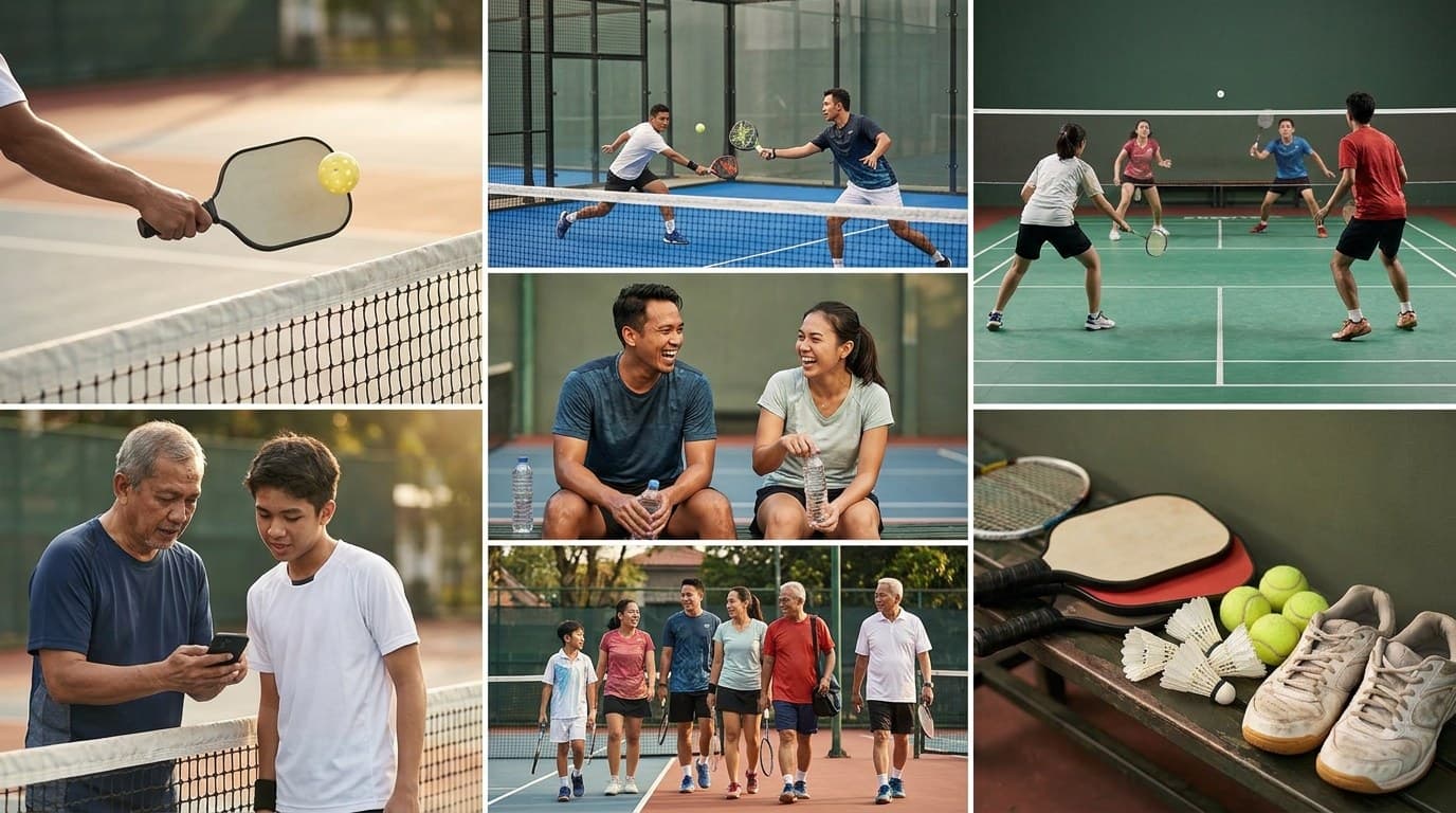 Galeri momen komunitas Raquette bermain badminton, padel, pickleball, tenis, dan squash